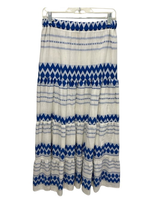 Kasia Size S White & Blue Cotton Elastic Waist Geometric Stripe Tiered Skirt White & Blue / S