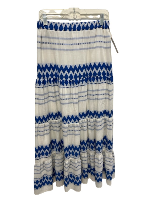 Kasia Size S White & Blue Cotton Elastic Waist Geometric Stripe Tiered Skirt White & Blue / S