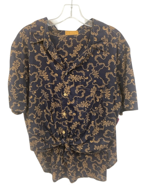 CP Shades Size Large Navy & Beige Cotton Short Sleeve Floral Button Front Top Navy & Beige / Large