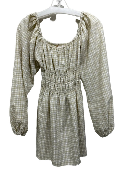 Wayf Size XS Beige & White Polyester Long Sleeve Gingham Elastic Waist Dress