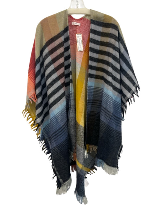 Anthropologie Red, Yellow, Blue Print Wool & Acrylic Plaid Fringe Trim Shawl Red, Yellow, Blue Print / One Size