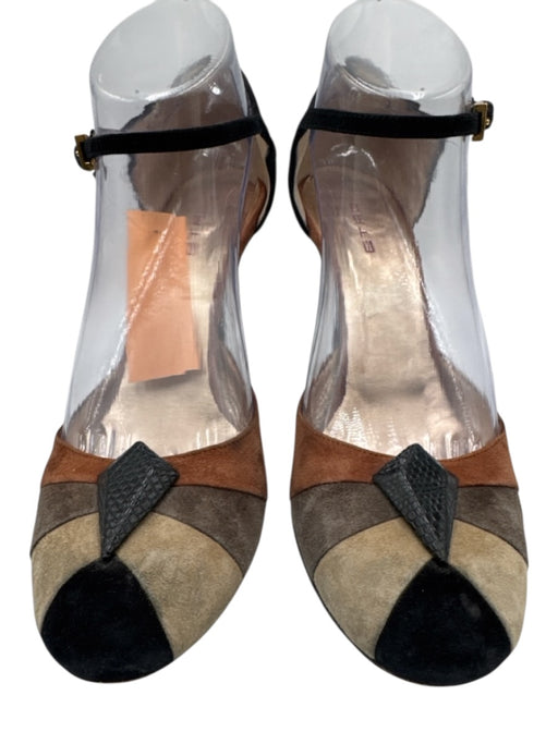Etro Shoe Size 38 Brown, Black & Beige Suede Color Block Ankle Buckle Pumps Brown, Black & Beige / 38