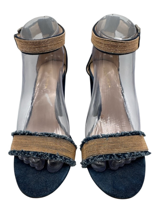 Pelle Moda Shoe Size 8 Blue & Gold Denim Embellished Detail Ankle Buckle Sandals Blue & Gold / 8