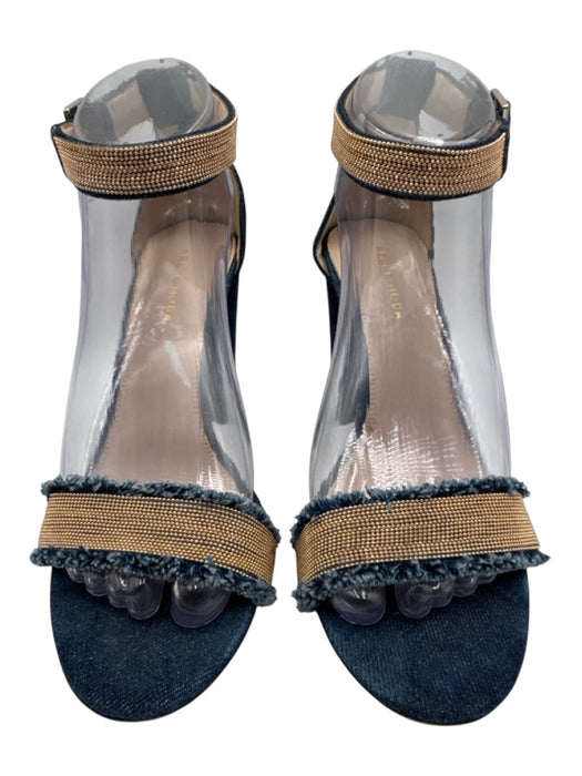 Pelle Moda Shoe Size 8 Blue & Gold Denim Embellished Detail Ankle Buckle Sandals Blue & Gold / 8