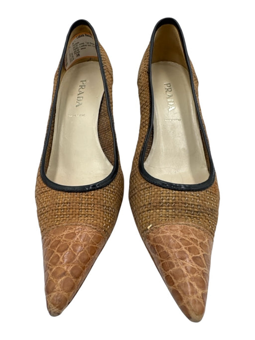 Prada Shoe Size 38 Tan Brown & Black Woven Raffia Leather trim Pointed Toe Pumps Tan Brown & Black / 38