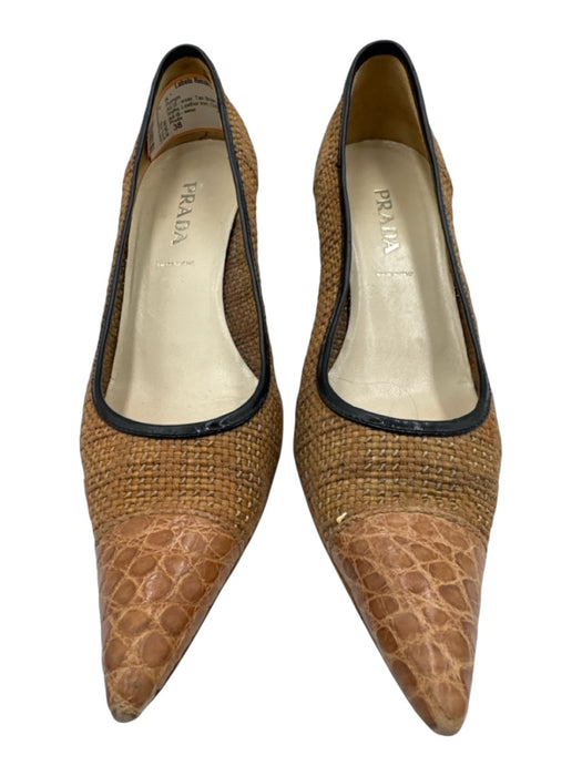 Prada Shoe Size 38 Tan Brown & Black Woven Raffia Leather trim Pointed Toe Pumps Tan Brown & Black / 38