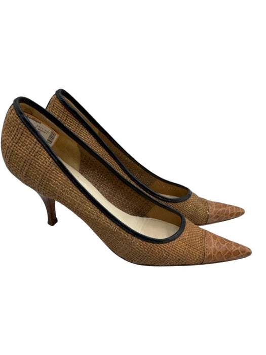 Prada Shoe Size 38 Tan Brown & Black Woven Raffia Leather trim Pointed Toe Pumps Tan Brown & Black / 38