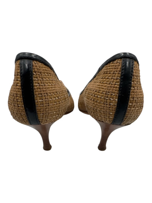 Prada Shoe Size 38 Tan Brown & Black Woven Raffia Leather trim Pointed Toe Pumps Tan Brown & Black / 38