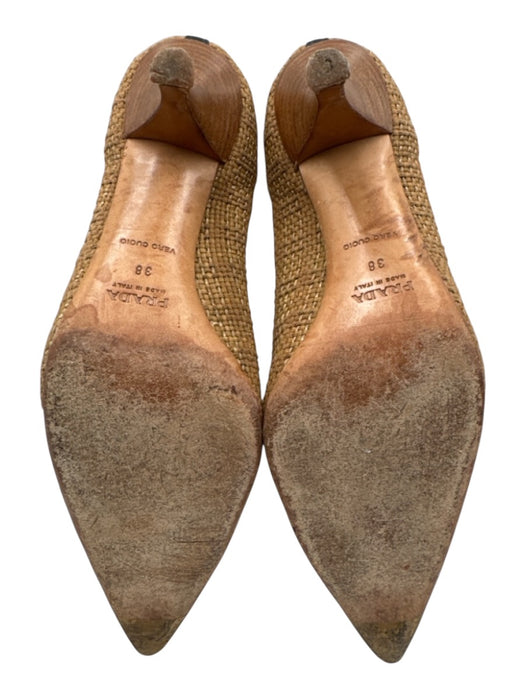 Prada Shoe Size 38 Tan Brown & Black Woven Raffia Leather trim Pointed Toe Pumps Tan Brown & Black / 38