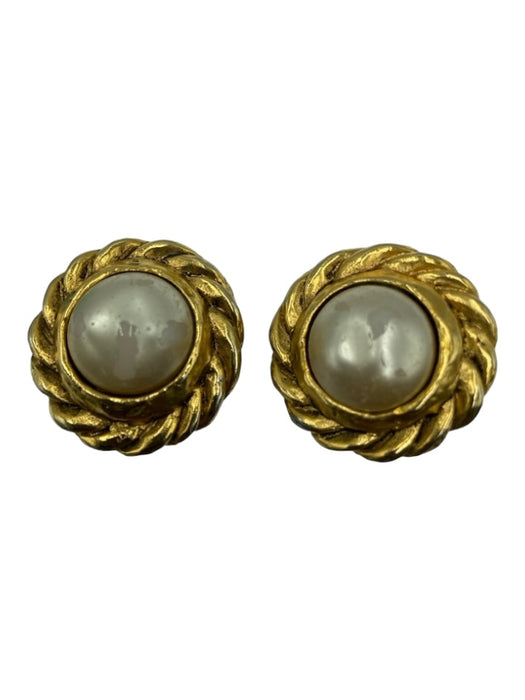 Chanel Gold & White Gold Toned Clip Ons Faux Pearl Twisted Earrings Gold & White