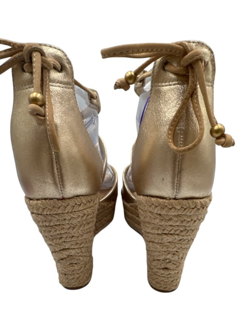 Ugg Shoe Size 8 Gold & Beige Leather Upper Espadrille Peep Toe Ankle Tie Wedges Gold & Beige / 8