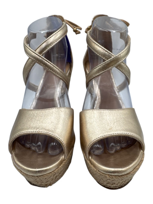 Ugg Shoe Size 8 Gold & Beige Leather Upper Espadrille Peep Toe Ankle Tie Wedges Gold & Beige / 8