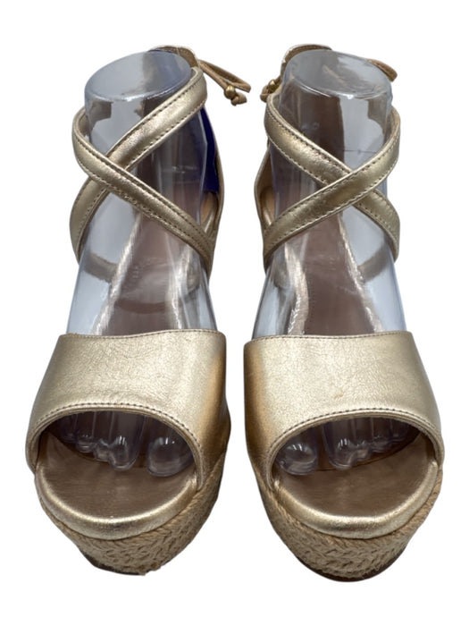 Ugg Shoe Size 8 Gold & Beige Leather Upper Espadrille Peep Toe Ankle Tie Wedges Gold & Beige / 8