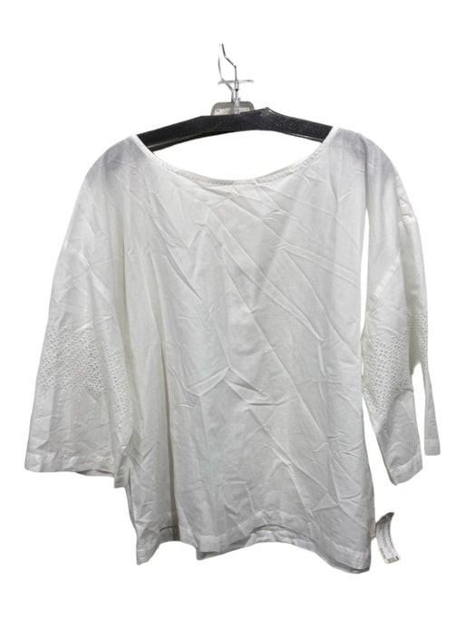 Eileen Fisher Size L White Cotton Boat Neck Long Sleeve Eyelet Detail Top White / L