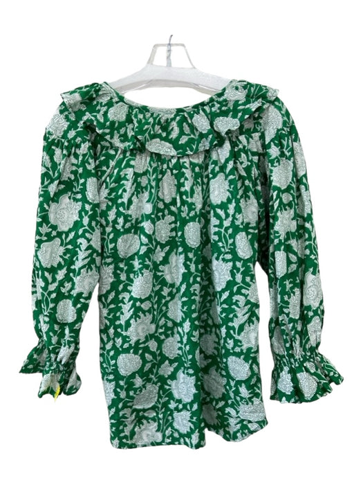 Millie Size S Green & White Floral Ruffle Neckline Long Sleeve Top Green & White / S