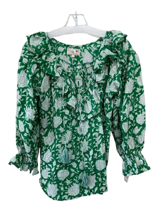 Millie Size S Green & White Floral Ruffle Neckline Long Sleeve Top Green & White / S