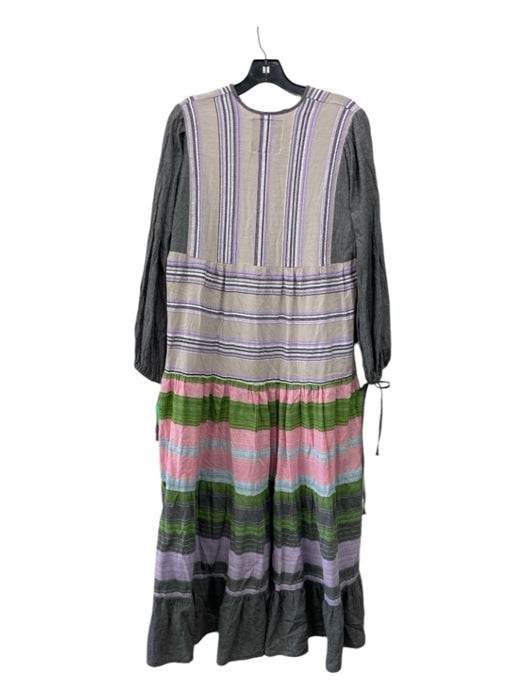 Pearl & Caviar Size M/L Gray & multi Cotton Horizontal Stripes Peasant Dress Gray & multi / M/L