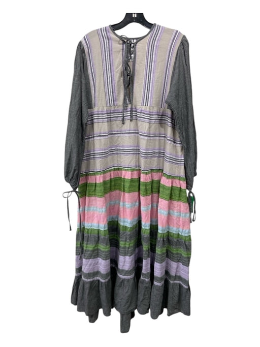 Pearl & Caviar Size M/L Gray & multi Cotton Horizontal Stripes Peasant Dress Gray & multi / M/L