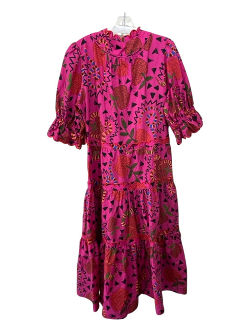 Farm Rio Size XL Pink Print Cotton Tie V Neck Maxi Tiered Dress Pink Print / XL