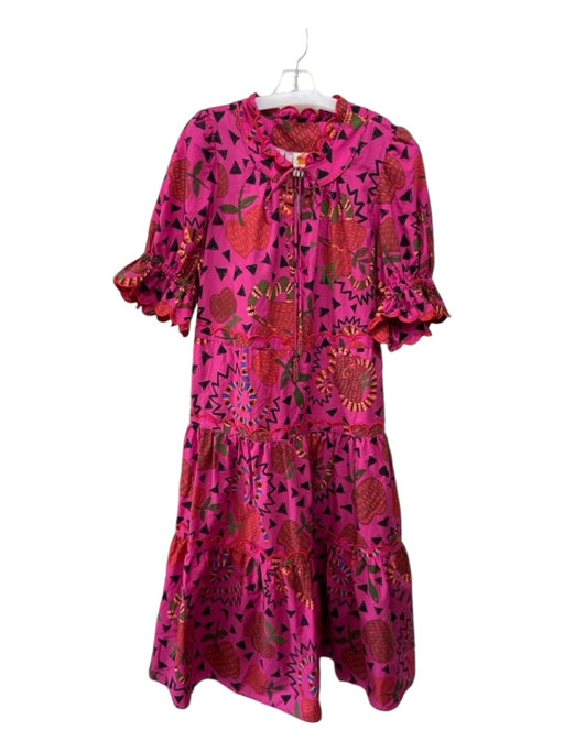 Farm Rio Size XL Pink Print Cotton Tie V Neck Maxi Tiered Dress Pink Print / XL