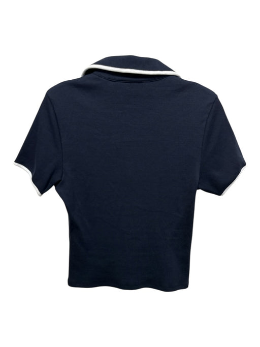 Veronica Beard Size S Navy Prima Cotton Blend V Neck Ribbed Contrast Piping Top Navy / S