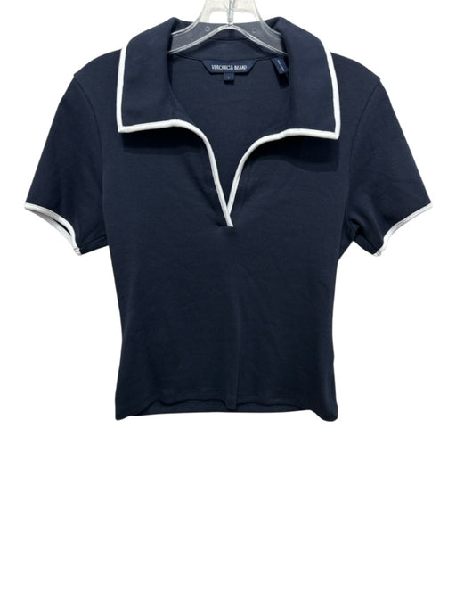 Veronica Beard Size S Navy Prima Cotton Blend V Neck Ribbed Contrast Piping Top Navy / S