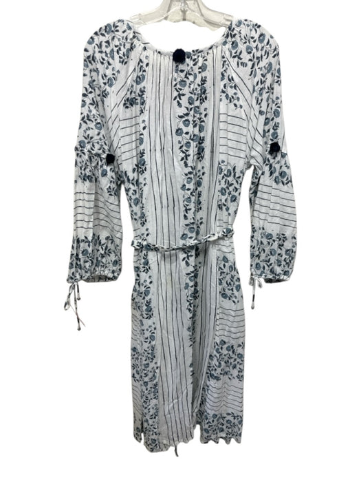 Kopal Size M White & Navy Cotton Floral Tie Bust Midi Pom Pom Detail Dress White & Navy / M