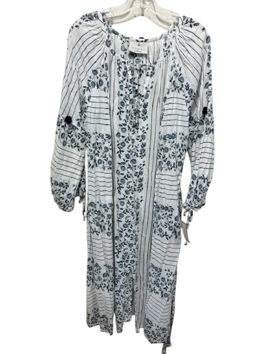 Kopal Size M White & Navy Cotton Floral Tie Bust Midi Pom Pom Detail Dress White & Navy / M
