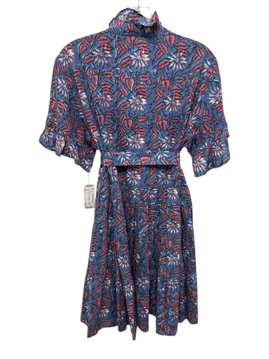 Mille Resort & Travel Size L Blue & Pink Cotton Mini 1/2 Button Mock Neck Dress Blue & Pink / L