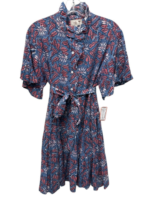 Mille Resort & Travel Size L Blue & Pink Cotton Mini 1/2 Button Mock Neck Dress Blue & Pink / L