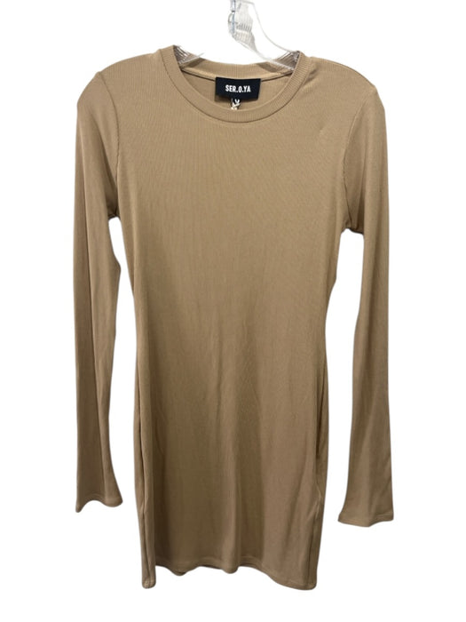 SER.O.YA Size M Beige Rayon Blend Ribbed Mini Round Neck Long Sleeve Dress Beige / M