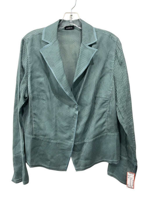Akris Size 14 Teal Cotton & Silk Striped Semi Sheer Snap Button Front Jacket Teal / 14