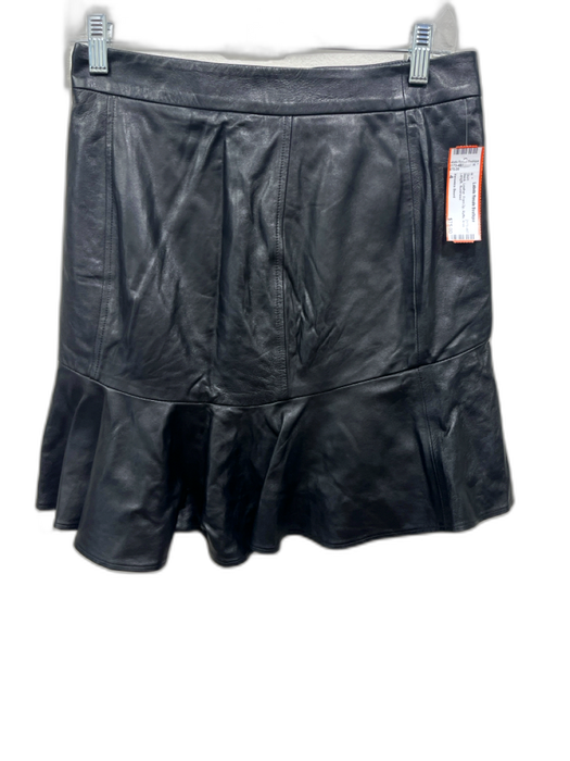 Veronica Beard Size 4 Black Leather Front Zip Ruffle Knee Length Skirt Black / 4