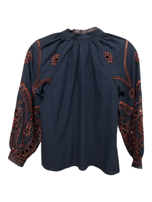 Cartolina Size XS Navy Blue & Orange Cotton Blend Long Balloon Sleeve V Neck Top Navy Blue & Orange / XS