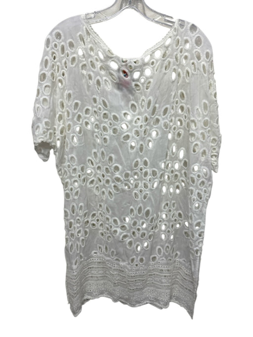 Johnny Was Size L White Cupra Rayon Short Sleeve Cut Out Embroidered Tunic Top White / L
