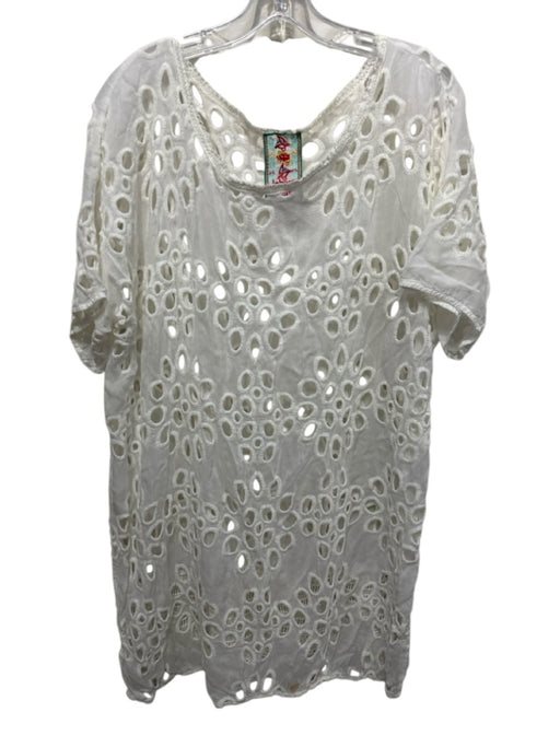 Johnny Was Size L White Cupra Rayon Short Sleeve Cut Out Embroidered Tunic Top White / L