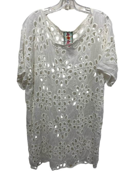 Johnny Was Size L White Cupra Rayon Short Sleeve Cut Out Embroidered Tunic Top White / L