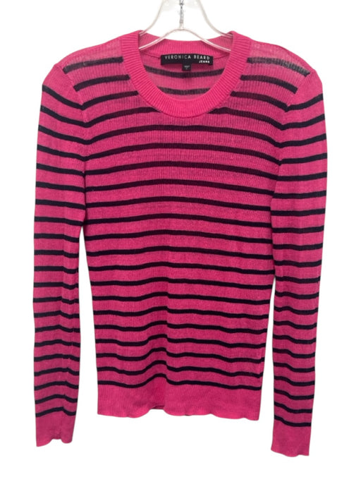 Veronica Beard Jeans Size S Hot Pink & Navy Linen & Nylon Long Sleeve Sheer Top Hot Pink & Navy / S