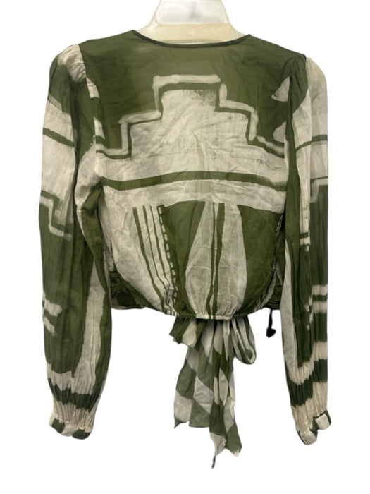 Johanna Ortiz Size 4 Green & Cream Organic Cotton Long puff sleeve Wrap Crop Top Green & Cream / 4