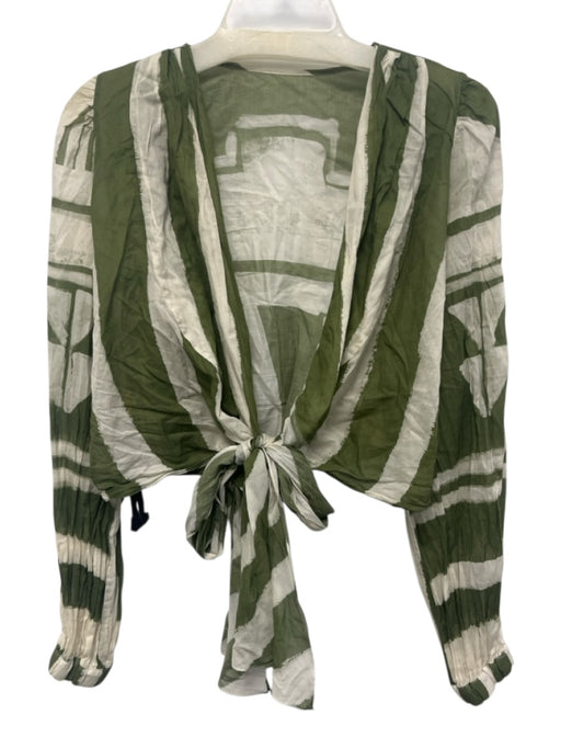 Johanna Ortiz Size 4 Green & Cream Organic Cotton Long puff sleeve Wrap Crop Top Green & Cream / 4