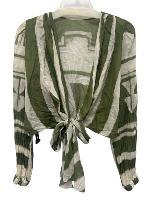 Johanna Ortiz Size 4 Green & Cream Organic Cotton Long puff sleeve Wrap Crop Top Green & Cream / 4
