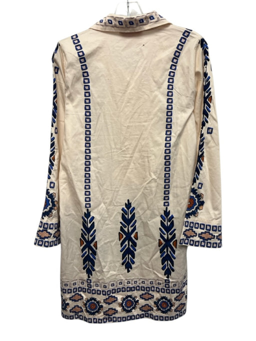 Figue Size S Cream, Blue, Orange Cotton Long Sleeve Geometric Print Mini Dress Cream, Blue, Orange / S