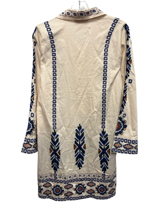 Figue Size S Cream, Blue, Orange Cotton Long Sleeve Geometric Print Mini Dress Cream, Blue, Orange / S