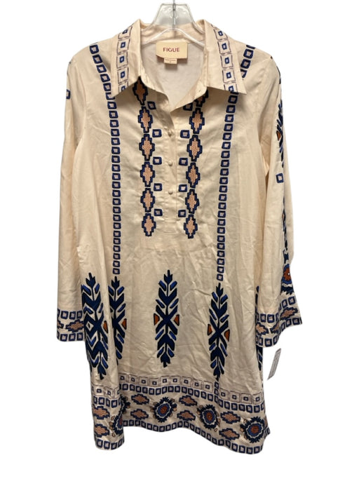 Figue Size S Cream, Blue, Orange Cotton Long Sleeve Geometric Print Mini Dress Cream, Blue, Orange / S
