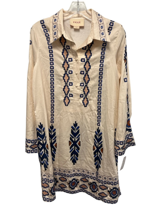 Figue Size S Cream, Blue, Orange Cotton Long Sleeve Geometric Print Mini Dress Cream, Blue, Orange / S