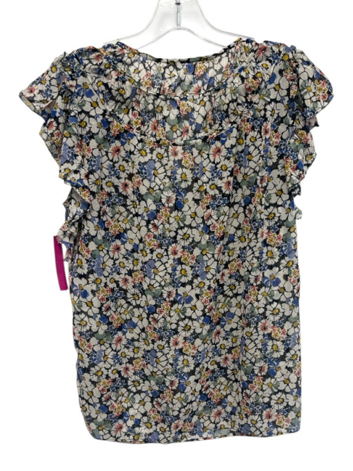 Veronica Beard Size 4 Black, Blue, Multi Silk Ruffle Cap Sleeve Floral Print Top Black, Blue, Multi / 4