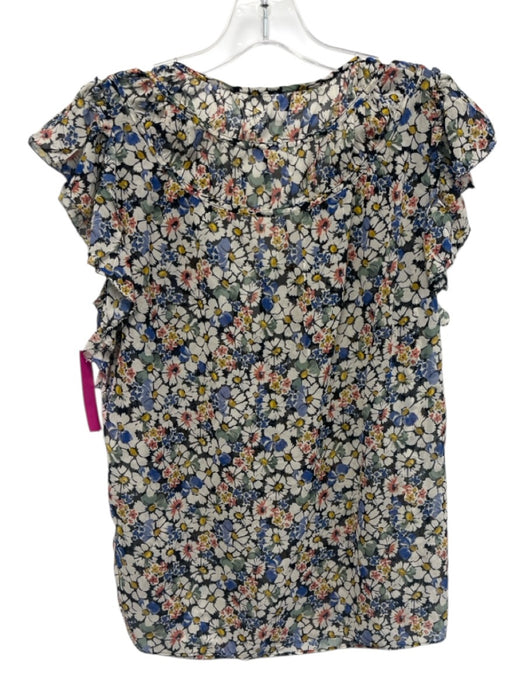 Veronica Beard Size 4 Black, Blue, Multi Silk Ruffle Cap Sleeve Floral Print Top Black, Blue, Multi / 4