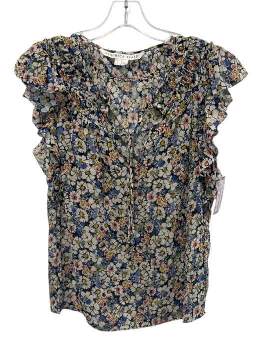 Veronica Beard Size 4 Black, Blue, Multi Silk Ruffle Cap Sleeve Floral Print Top Black, Blue, Multi / 4