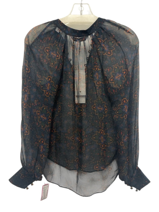 Veronica Beard Size 4 Navy Blue, Green, Multi Silk Long puff sleeve Buttons Top Navy Blue, Green, Multi / 4