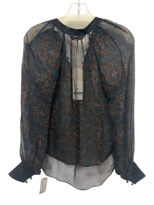Veronica Beard Size 4 Navy Blue, Green, Multi Silk Long puff sleeve Buttons Top Navy Blue, Green, Multi / 4